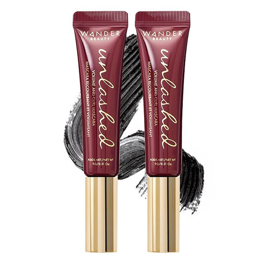 Wander Beauty Unlashed Volume & Curl Mascara - Volumizing, Lash Curling Mascara - 9 in 1 Multitasking Smudge-Proof Black Mascara - Nourish & Reduce Fallout With Peach Leaf, Vitamin E & B5 (2 Pack)