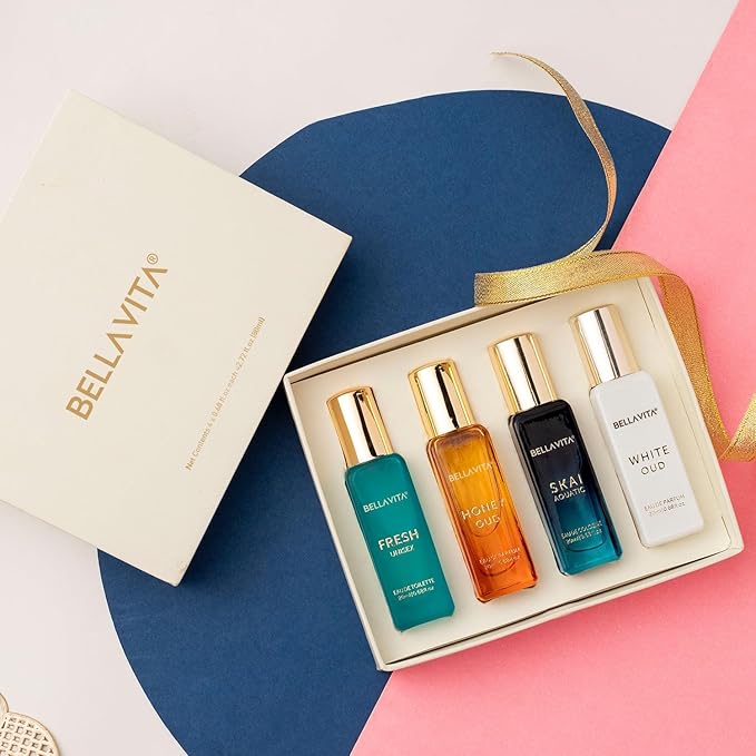 BellaVita Luxury Unisex Cologne Gift Set (4x20ml) | Fragrances Includes Honey OUD, SKAI, FRESH & White OUD | Travel Size Mini Perfumes & Spicy Vanilla Perfume Oil | Unisex Perfume for Women & Men