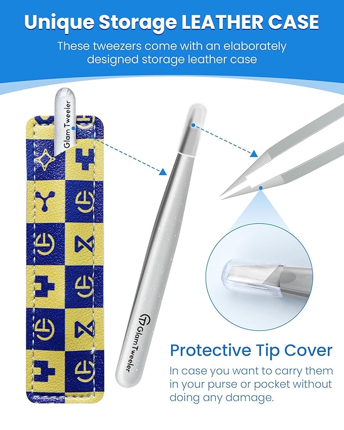 Expert Slant Tip Tweezers with Leather Case, GlamTweeler Sharp & Precision Stainless Steel Tweezer for Eyebrows, Facial Hair and Fine Hairs Removal (Sparkle Silver)