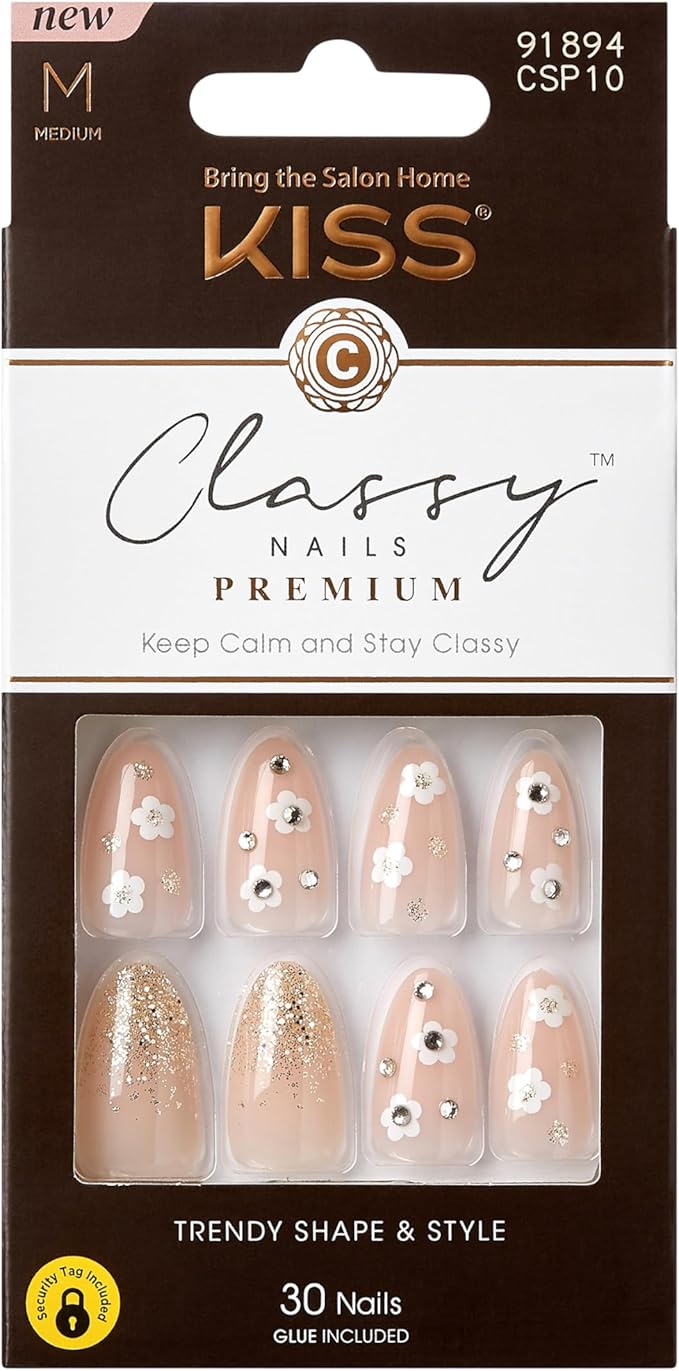 KISS Classy Nails Premium, Press-On Nails, Nail glue included, 'Gleamin', White, Medium Size, Almond Shape, Includes 30 Nails, 2G Glue, 1 Manicure Stick, 1 Mini File