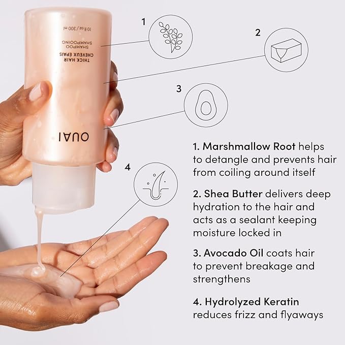OUAI Thick Shampoo - Moisturizing Shampoo with Keratin, Marshmallow Root, Shea Butter, Avocado Oil for Thick Hair - Strengthens & Hydrates Strands - Paraben, Phthalate, Sulfate Free Shampoo (10 Fl Oz)