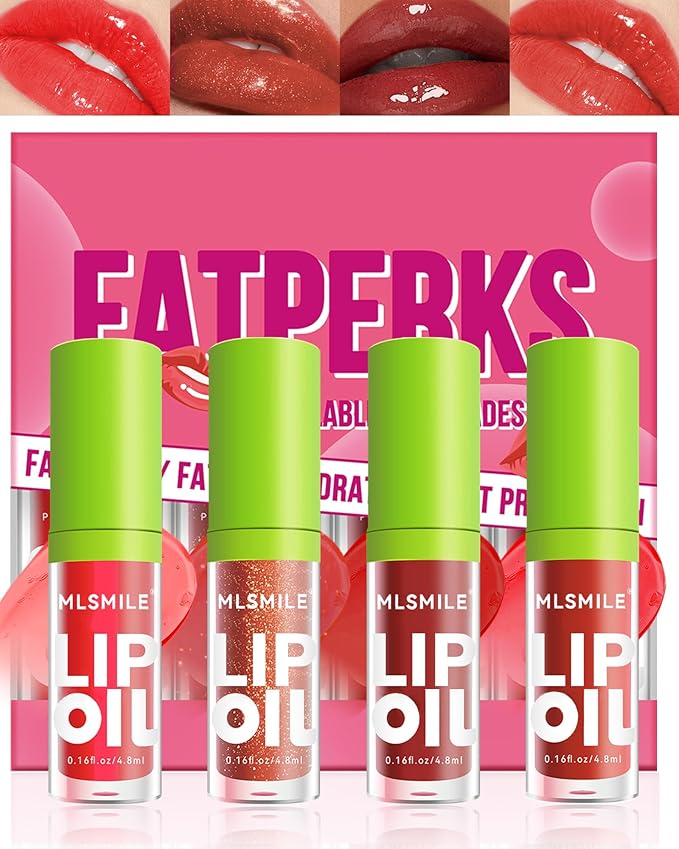 4 Colors Lip Oil Lip Glaze Set,Hydrating Tinted Plumping Lip Gloss,Shiny Glow Reviver Lip Care Oil,Longlasting Non-sticky Transparent Lip Oil,Mother's Day Makeup Gift Kit for Women Girl-SetB