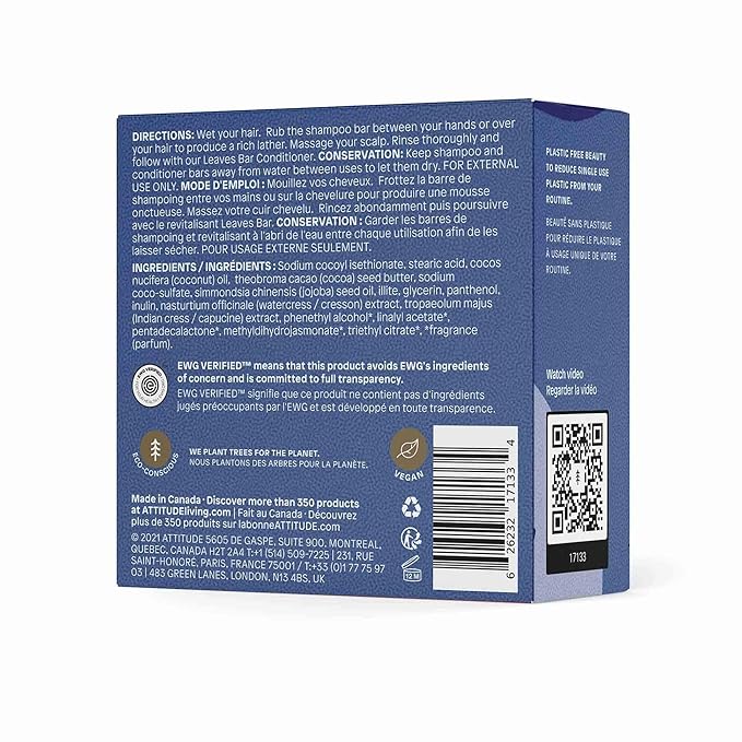 ATTITUDE Detox Shampoo Bar, Natural Origin, Ideal for Oily Hair, Jojoba Oil & Yellow Clay, EWG Verified & Clean ingredients, Vegan, Sea Salt, 4 Oz