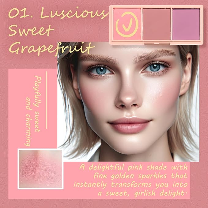 3 Color Matte Pink Blush Palette with Brush, Face Beauty