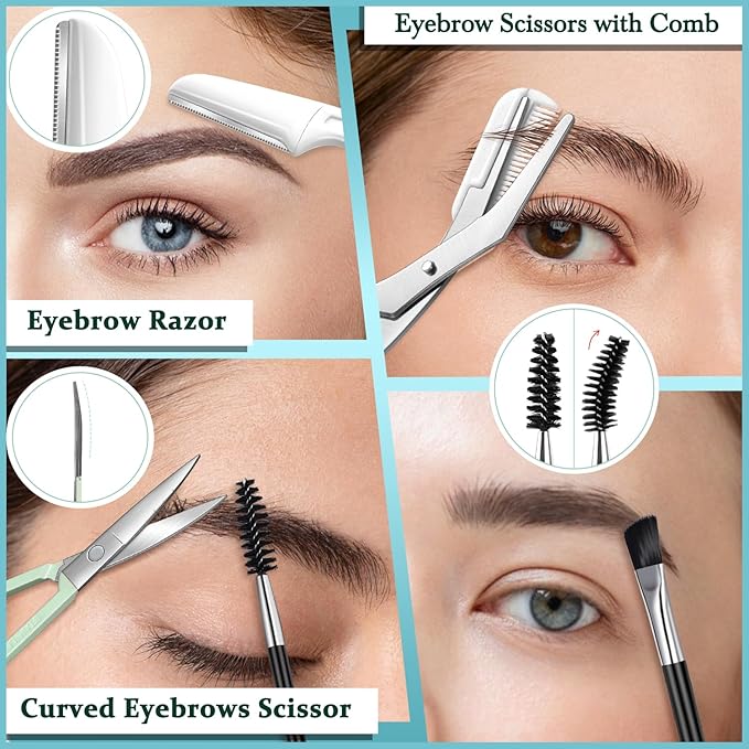 TsMADDTs Tweezers for Women, 8 in 1 Eyebrow Kit with Tweezers, Trimmer, Scissor, Razor, Brush with Travel Bag, Eyebrow Shaping Kit