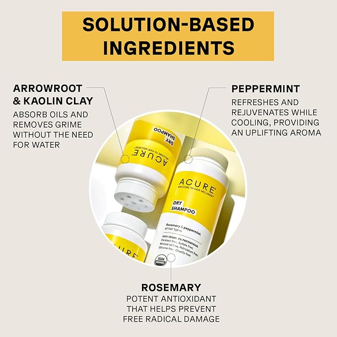 Acure Dry Shampoo - All Hair Types | 100% Vegan | Certified Organic | Rosemary & Peppermint - Absorbs Oil & Removes Impurities Without Water | 1.7 Oz