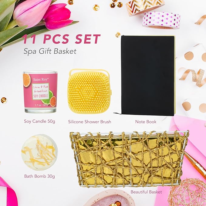 Bath & Body Gift Set, Luxury Home Spa Bath Gift Basket Citrus & Pink Grapefruit Spa Kit Gift Woman, 11 Pcs Self Care Kit Gifts With Bubble Bath, Massage Oil, Bath Brush, Birthday Gifts for Women