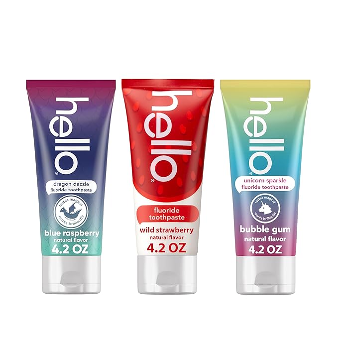 hello Kids Fluoride Toothpaste Variety Pack, Includes Strawberry, Unicorn Bubble Gum, and Blue Raspberry Toothpastes, Safe for Ages 2 and Up, 3 Pack, 4.2 Oz Each