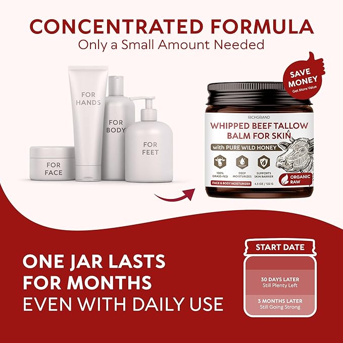 Beef Tallow for Skin - Whipped Grass-Fed Moisturizer with Wild Honey & Beeswax, Natural Face & Body Care, Deep Hydration, Anti-Aging, Sensitive Skin Safe, 100% Organic Balm