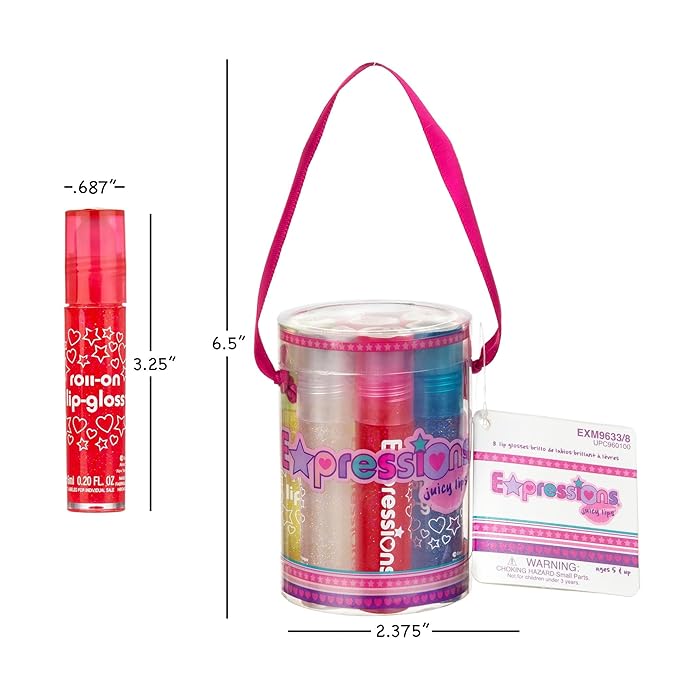 Expressions 16pc Roller-Ball Glitter Lip Gloss Set, 8 Assorted Fruit Flavored Roll On Rollerball Lip Gloss for Kids, Safe, Non Toxic Kids Makeup Set