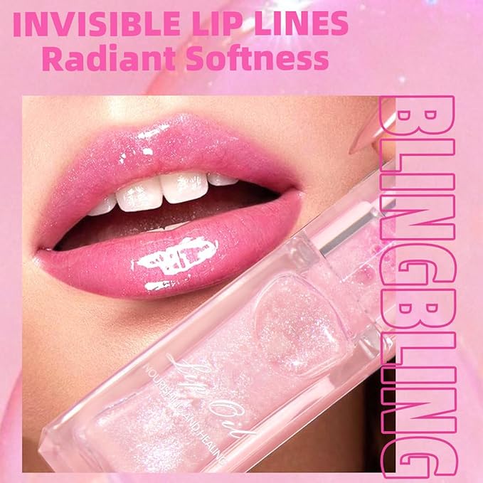 Magic Color Changing Lip Oil Ph, Glitter Lip Gloss, Upgraded Big Brush Head Moisturizing Lip Oil Long Lasting Nourishing Lip Glow Oil Non-Sticky Primer Lip Tint (Pink)