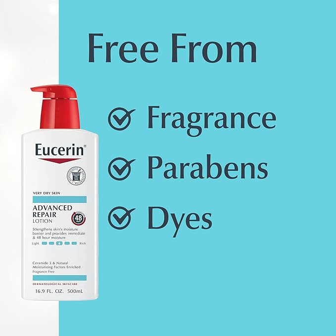 Eucerin Advanced Repair Unscented Body Lotion for Dry Skin (16.9 Fl Oz) + Advanced Cleansing Body and Face Cleanser for Sensitive Skin, Fragrance Free (16.9 Fl Oz)