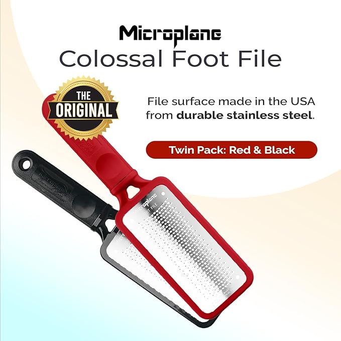 Microplane Colossal Foot File, Red and Black - The Original Stainless-Steel Foot Scraper, Dead Skin/Callus Remover for Feet, Foot Scrubber, Pedicure Tools for Salon-Quality Foot Care (2 Piece Set)