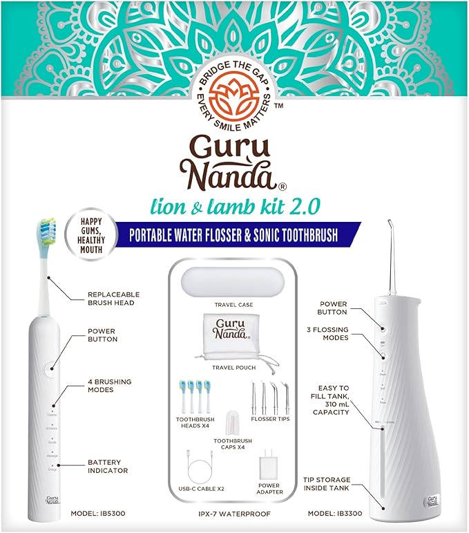 GuruNanda Lion & Lamb Kit 2.0, Electric Toothbrush with Water Flosser Combo, 4 Jet Tips, 4 Brush Heads, & IPX7 Waterproof Design for Complete Oral Care, White