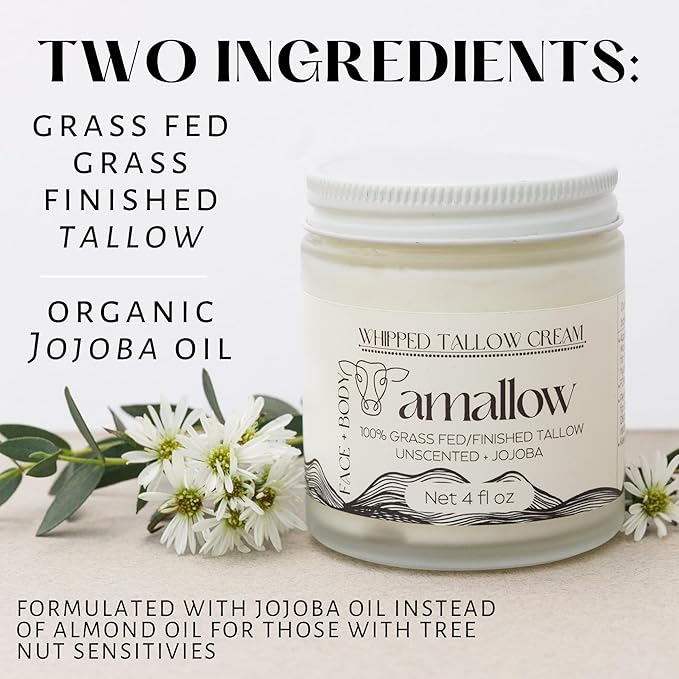 100% Grass Fed Beef Tallow for Skin Care - Face + Body - Whipped Moisturizer for Sensitive Skin - Natural Lotion, 4 FL. oz. (Unscented + Jojoba Oil)