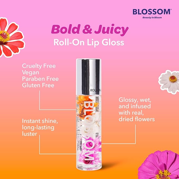 Blossom Roll on Lip Gloss, Scented Clear High Shine Moisturizing Lip Oil, Non Sticky, Infused with Real Flowers, Made in USA, 0.2oz, Juicy Peach