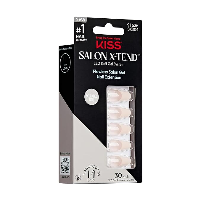 KISS Salon X-tend, Press-On Nails, Nail glue included, 'Trustfall', Beige, Long Size, Coffin Shape, Includes 30 Nails, 5Ml Led Soft Gel Adhesive, 1 Manicure Stick, 1 New Mini File, New Prep Pad