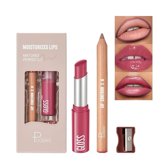 2Pcs Lipstick and Lip Liner Combo, Lip Liner and Lip Gloss Kit for Women, Matte Lip Pencil and Smooth Hydrating Lipstick with Sharpener, Non-Stick Lip Makeup Set