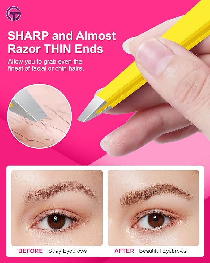 Expert Eyebrow Hair Removal Tweezer with Leather Case, GlamTweeler High Precision Slant Tip Stainless Steel Tweezers for Men and Women (Chartreuse Yellow)