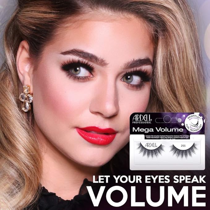 Ardell Mega Volume 255 False Eyelashes - Extra Full, 3D Layered Wispy Lashes with NeverFlat Curl Technology - Reusable False Strip Lashes, 4 Pairs