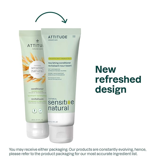 ATTITUDE Hair Conditioner for Sensitive Dry Scalp, Dry and Damaged Hair, Soothing Oat, Naturally Derived Ingredients, Dermatologically Tested, Vegan Detangler, Nourishing, 8 Fl Oz