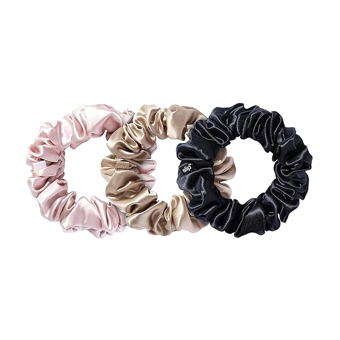 slip Large Scrunchie Multi | Set of 3 Pure Silk Large Scrunchies | Includes 1 Pink, 1 Caramel, 1 Black | 100% Mulberry Silk, Anti-Crease, Gentle on Hair, Reduces Breakage | Stylish & Durable