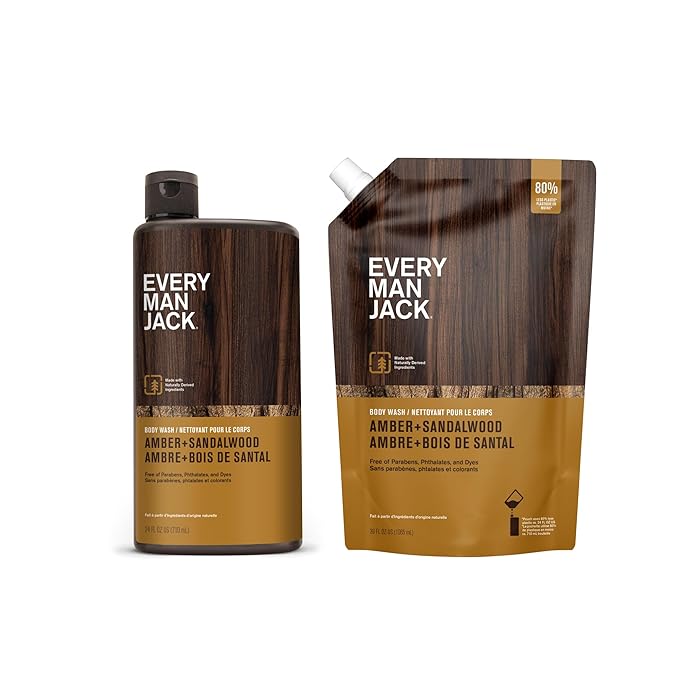 Every Man Jack Amber + Sandalwood Mens Body Wash Refill Starter Pouch - Naturally Derived Ingredients - Paraben Free, Phthalate Free, Dye Free - (1-36oz pouch, 1-24oz bottle)