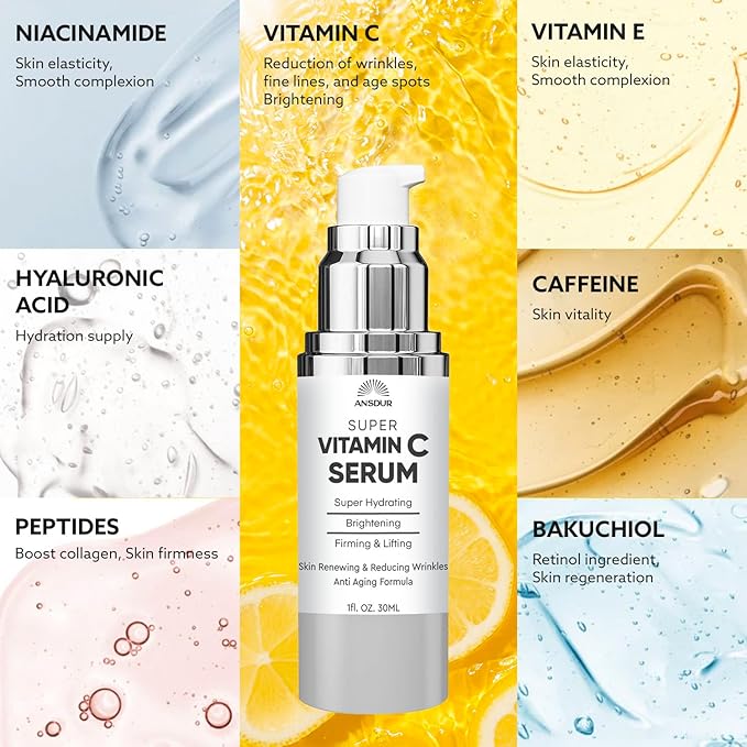 ANSDUR Super Vitamin C Serum for Women over 70: Hyaluronic Acid Serum for Face, Dark Spot Remover and Wrinkle Reduction - Lifting, Smoothing, Moisturizing, All in One Skin Care Formula, 1 fl oz