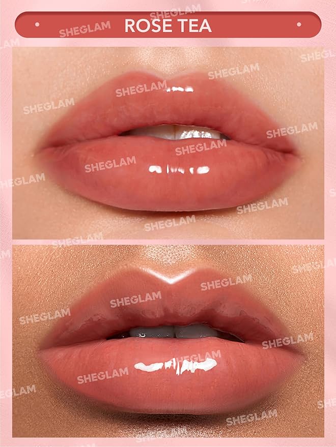 SHEGLAM Glaze Daze Lip Gloss Shiny Tinted Lip Gloss High Gloss Finish Plumping Lip Care Nourishing Not Easy to Fade Liquid Lip Cosmetics-Rose Tea