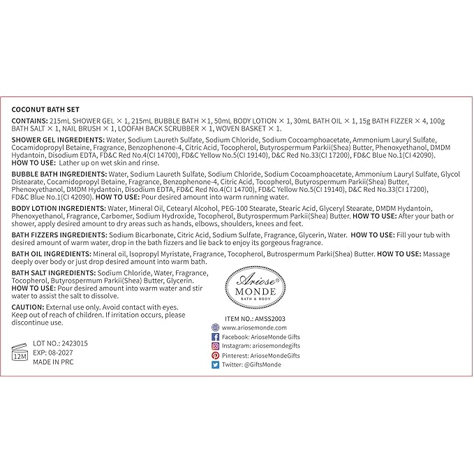 Bath & Shower Spa Basket Gift Set, Coconut Scent, with Shower Gel, Bubble Bath,Body Lotion, Bath Bomb,Bath Salt, Bath and Body Gift Box for Women