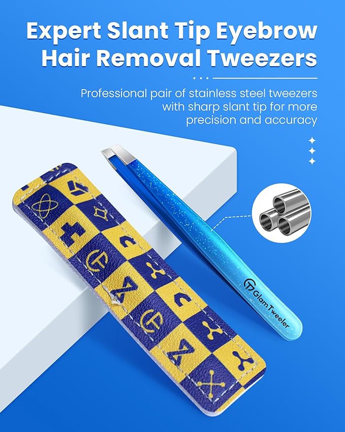 Expert Slant Tip Tweezers with Leather Travel Case, GlamTweeler Sharp & Precision Stainless Steel Tweezer for Eyebrows, Facial Hair and Fine Hairs Removal (Sparkle Royal Blue & Aqua)