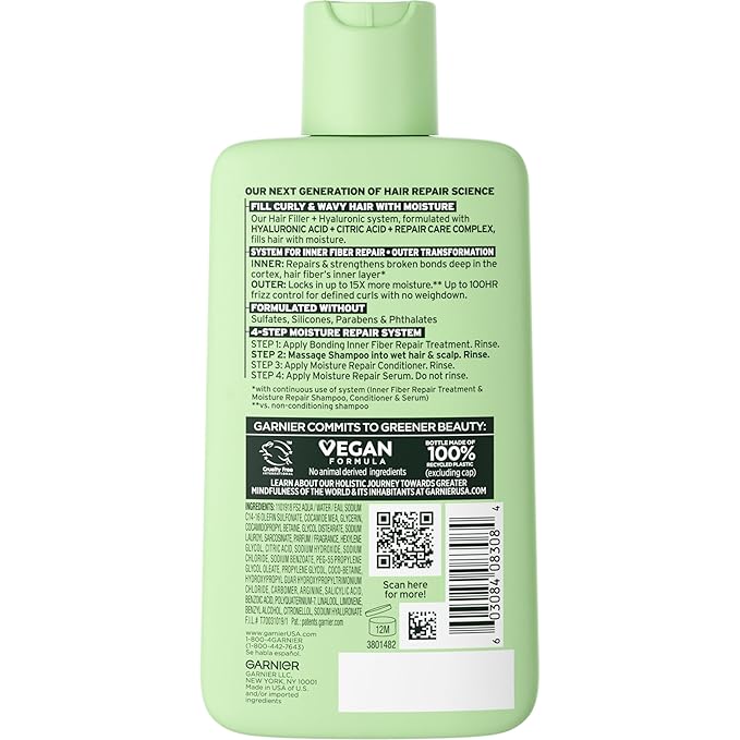 Garnier Fructis Hair Filler Moisture Repair Shampoo, Sulfate Free Shampoo for Curly, Wavy Hair with Hyaluronic Acid, 10.1 Fl Oz, 1 Count