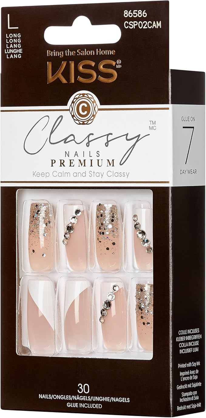 KISS Premium Classy Fake Nails French Manicure Set with Jeweled Rhinestone Nail Art Accents, Gorgeous', 30 Glue-On Nails 1 Count (Pack of 1)