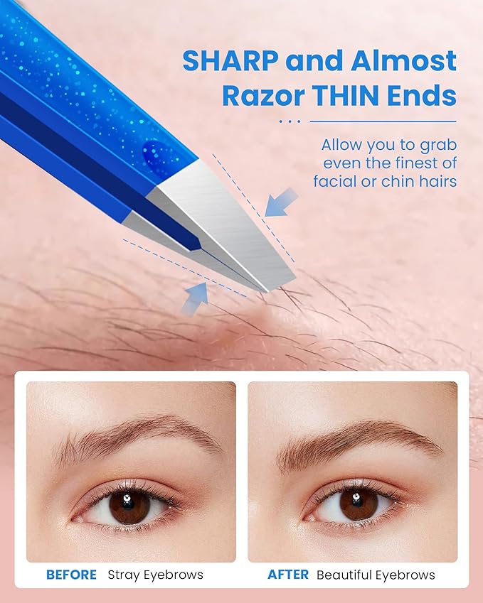 Expert Slant Tip Tweezers with Leather Travel Case, GlamTweeler Sharp & Precision Stainless Steel Tweezer for Eyebrows, Facial Hair and Fine Hairs Removal (Sparkle Royal Blue & Aqua)