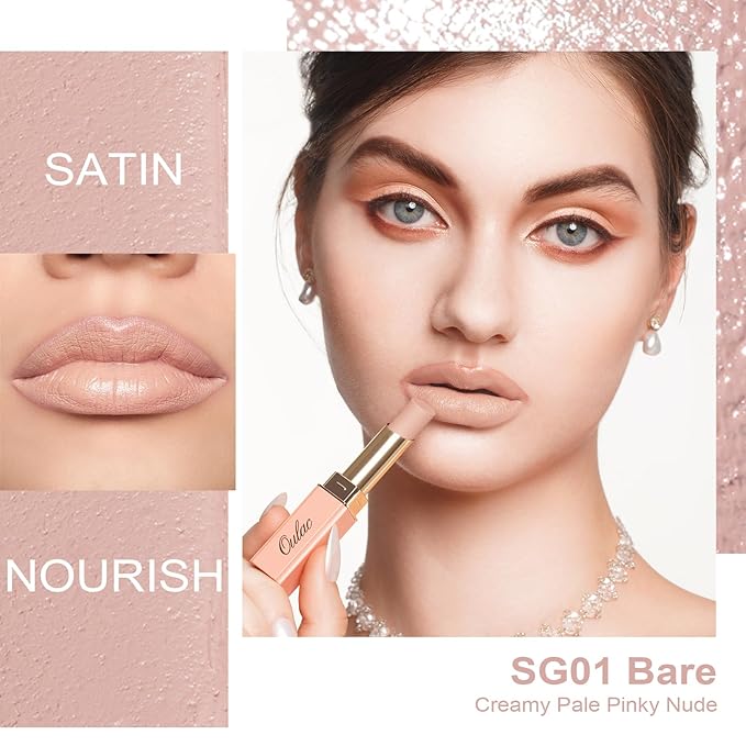 Oulac Beige Nude Satin Lipstick Set - Matte Lip Base, Full Coverage Lip Color, Satin Matte Finish, Cream Texture, Hydrating, Infused with Hyaluronic Acid, 4g*2 SG01+SG02