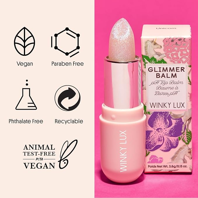 Winky Lux Glimmer Balm, pH Lip, Color Changing Lipstick and Tinted Lip, Vegan & Cruelty Free Lip Balm, Hydrate & Plump, Pink Shimmer Lipstick, Unicorn