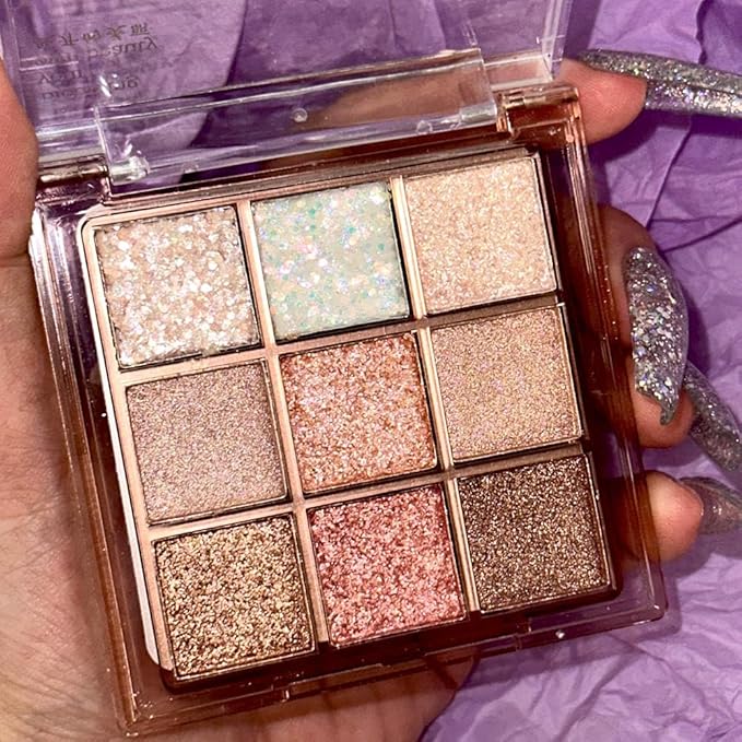 9 Colors Glitter Eyeshadow Palette Naturing-Looking Women Girls Eye Shadow,Pink White Gold Glitter Shimmer Sparkly Eye Shadow Palette Makeup,Warm Pastel Eyeshadows Palette Long Lasting Waterproof