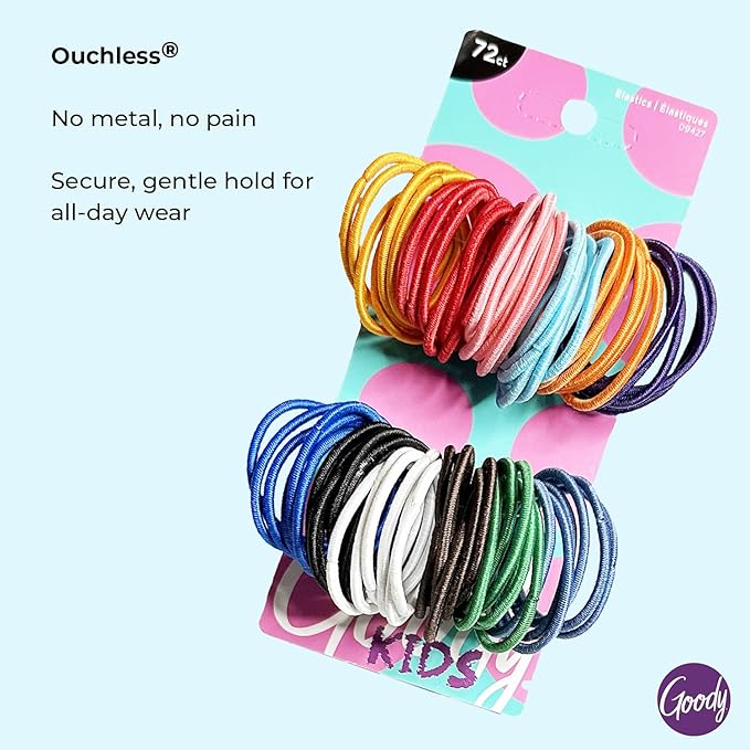 Goody Girls Ouchless Elastic Hair Tie - 72 Count 2MM, Assorted Bright and Pastel Colors - Perfect for Fine to Medium, Curly Hair - Pain Free Hair Accessories for Children, Girls and Boys