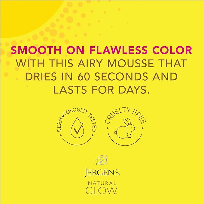 Jergens Natural Glow Instant Self Tanner Mousse, Sunless Tanning Light Bronze Tan, for a Natural-looking Tan, 6 Oz, Pack of 2