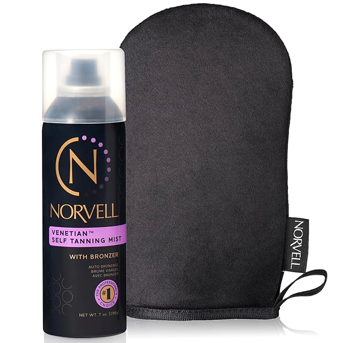 Norvell Venetian Sunless Tanning Bundle: Self Tanner Spray Solution Mist with Bronzer for Instant Sun Kissed Glow, 7 fl. oz. and Streak Free Washable Applicator Blending Tan Mitt for Flawless Results