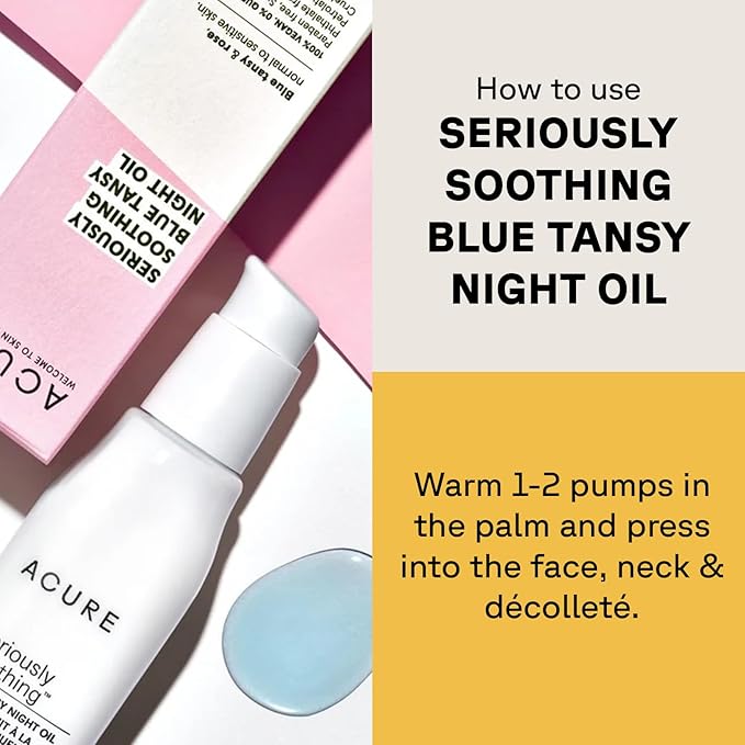 Acure Seriously Soothing Tansy Night Rose Oil - Soothes, Deep Hydrate & Moisturize Dry, Acne Prone, Sensitive Skin - Antioxidant Night Cream Serum Oil Blend with Blue Tansy & Rose - 100% Vegan, 1 oz