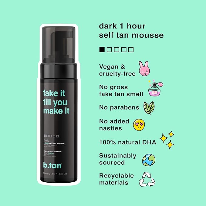 B.TAN Dark Self Tanner Mousse, 1 Hour Sunless Tan, Vegan, Cruelty Free, 6.7 Fl Oz