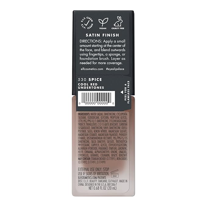 e.l.f. Flawless Satin Foundation, Lightweight & Medium Coverage, Semi-Matte Finish, Vegan & Cruelty-Free, Spice, 0.68 Fl Oz (20mL)