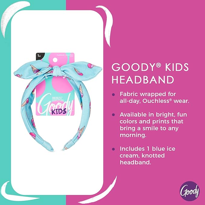 GOODY Kids Headband - Ice Cream Print - Comfort Fit for All Day Wear - Secures All Hair Types