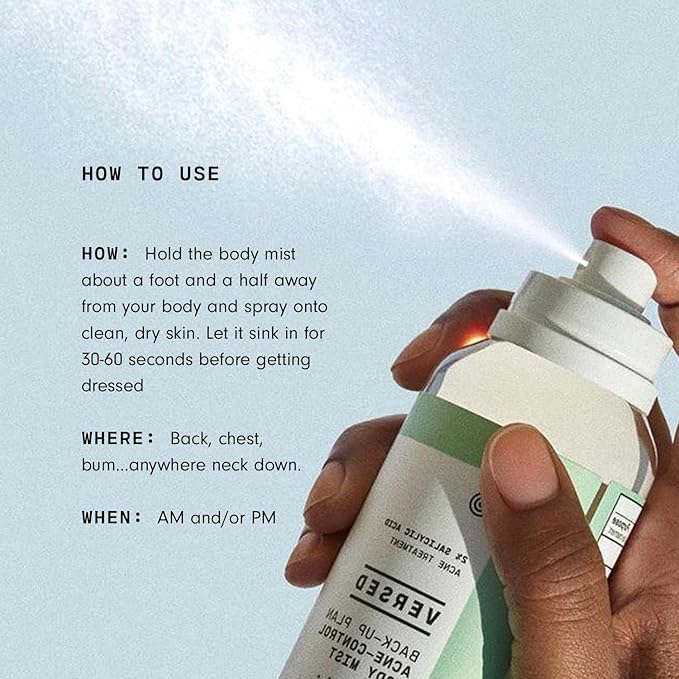 Versed Back-Up Acne Control Body Mist - All Over Blemish Spot Treatment + Salicylic Acid Spray with Tea Tree Oil & Witch Hazel - Oil Control + Redness Relief Acne Spray for Back & Body - Vegan (3 oz)