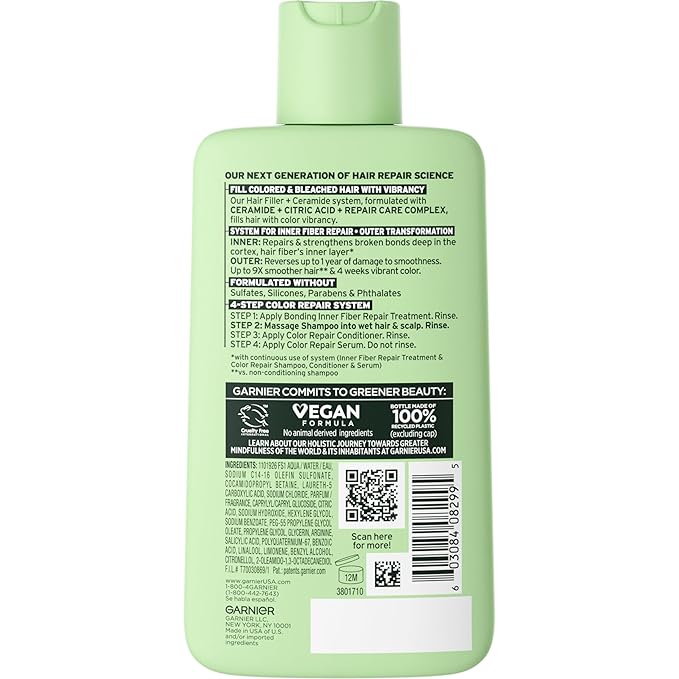 Garnier Fructis Hair Filler Color Repair Shampoo with Ceramide, Smoothing & Sulfate Free Shampoo for Colored, Bleached Hair, 10.1 Fl Oz, 1 Count