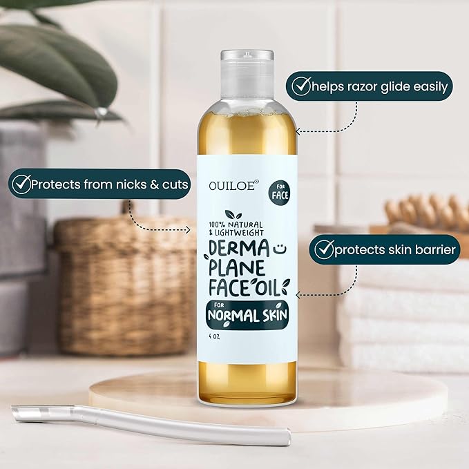 Dermaplane Oil for Women with Normal Skin - Lightweight Face Shaving Oil, Natural Facial Shave Oil, Use with a Dermaplaning Tool, Razor, Shaver or Microblade for Close Shave 4oz by Ouiloe