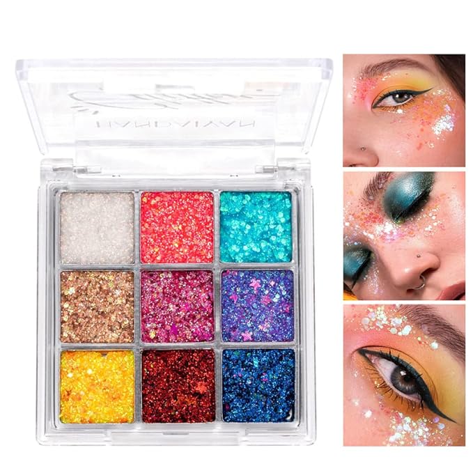 Glitter Eyeshadow Palette, Shimmer Purple Pink Blue Colorful Eyeshadow Palette, Lip Face Eye Glitter Makeup, Lasting Waterproof High Pigmented Eye Shadow Palette for Girl Women