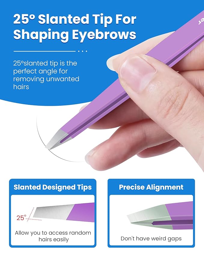 Expert Slant Tip Tweezers with Leather Case, GlamTweeler Sharp & Precision Stainless Steel Tweezer for Eyebrows, Facial Hair and Fine Hairs Removal (Violet)