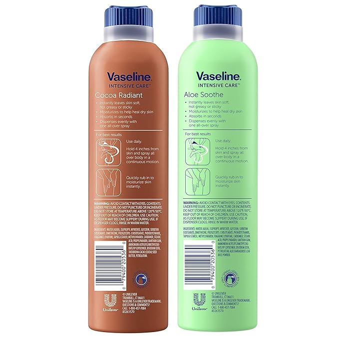 Vaseline Cocoa Radiant Spray + Aloe Soothe Spray Variety 2-Pack – Non-Greasy, Fast-Absorbing All-Over Moisturizer for Dry Skin, 6.5 Oz Ea